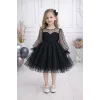 Kız Çocuk Siyah Flok Tül Kalp Detaylı Kabarık Elbise