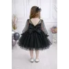 Kız Çocuk Siyah Flok Tül Kalp Detaylı Kabarık Elbise