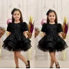 Kız Çocuk Siyah Kısa Balon Kol Taşlı Boncuklu Elbise