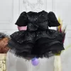 Kız Çocuk Siyah Kısa Balon Kol Taşlı Boncuklu Elbise