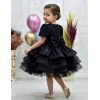 Kız Çocuk Siyah Kısa Balon Kol Taşlı Boncuklu Elbise