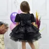 Kız Çocuk Siyah Kısa Balon Kol Taşlı Boncuklu Elbise