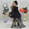 Kız Çocuk Siyah Kuyruklu Uzun Kol Boncuklu Payetli Kabarık Elbise