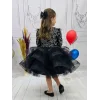 Kız Çocuk Siyah Payetli Dekolteli Uzun Kol Gren Etekli Kabarık Elbise