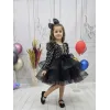 Kız Çocuk Siyah Payetli Dekolteli Uzun Kol Gren Etekli Kabarık Elbise