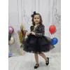 Kız Çocuk Siyah Payetli Dekolteli Uzun Kol Gren Etekli Kabarık Elbise