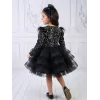 Kız Çocuk Siyah Payetli Dekolteli Uzun Kol Gren Etekli Kabarık Elbise