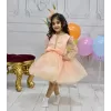 Kız Çocuk Somon Parıltılı Ön Dekolteli Uzun Kol Grenli Kabarık Abiye Elbise