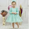 Kız Çocuk Su Yeşili Boncuklu Payetli Kabarık Elbise