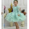 Kız Çocuk Su Yeşili Boncuklu Payetli Omuz Tül Detaylı Kabarık Elbise
