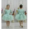 Kız Çocuk Su Yeşili Boncuklu Payetli Omuz Tül Detaylı Kabarık Elbise