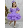 Kız Çocuk Taşlı Boncuklu Lila Eteği Büzgülü Kabarık Elbise