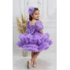 Kız Çocuk Taşlı Boncuklu Lila Eteği Büzgülü Kabarık Elbise
