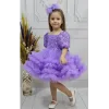 Kız Çocuk Taşlı Boncuklu Lila Eteği Büzgülü Kabarık Elbise