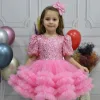 Kız Çocuk Taşlı Boncuklu Pembe Eteği Büzgülü Kabarık Elbise