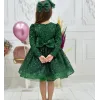 Kız Çocuk Zümrüt Yeşili Boncuklu Payetli Kabarık Elbise Uzun Kol