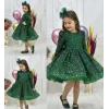 Kız Çocuk Zümrüt Yeşili Boncuklu Payetli Kabarık Elbise Uzun Kol