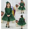 Kız Çocuk Zümrüt Yeşili Boncuklu Payetli Kabarık Elbise Uzun Kol