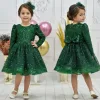 Kız Çocuk Zümrüt Yeşili Boncuklu Payetli Kabarık Elbise Uzun Kol