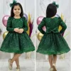 Kız Çocuk Zümrüt Yeşili Boncuklu Payetli Kabarık Elbise Uzun Kol