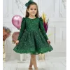 Kız Çocuk Zümrüt Yeşili Boncuklu Payetli Kabarık Elbise Uzun Kol