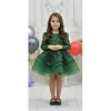 Kız Çocuk Zümrüt Yeşili Boncuklu Payetli Uzun Kol Kabarık Elbise