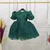 Kız Çocuk Zümrüt Yeşili Kareli Parıltılı Kuyruklu Elbise Abiye