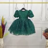 Kız Çocuk Zümrüt Yeşili Kareli Parıltılı Kuyruklu Elbise Abiye