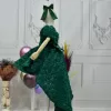 Kız Çocuk Zümrüt Yeşili Gül Desenli Kuyruklu Uzun Kol Elbise Abiye