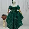Kız Çocuk Zümrüt Yeşili Gül Desenli Kuyruklu Uzun Kol Elbise Abiye