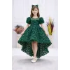Kız Çocuk Zümrüt Yeşili Gül Desenli Kuyruklu Uzun Kol Elbise Abiye