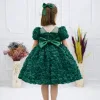Kız Çocuk Zümrüt Yeşili Gül Desenli Uzun Kol Kabarık Elbise