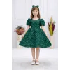 Kız Çocuk Zümrüt Yeşili Gül Desenli Uzun Kol Kabarık Elbise