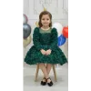 Kız Çocuk Zümrüt Yeşili Gül Desenli Uzun Kol Kabarık Elbise