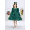 Kız Çocuk Zümrüt Yeşili Gül Desenli Uzun Kol Kabarık Elbise