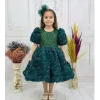Kız Çocuk Zümrüt Yeşili Gül Desenli ve Boncuklu Kısa Balon Kol