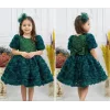 Kız Çocuk Zümrüt Yeşili Gül Desenli ve Boncuklu Kısa Balon Kol