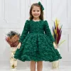 Kız Çocuk Zümrüt Yeşili Gül Detaylı Kabarık Elbise