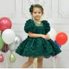 Kız Çocuk Zümrüt Yeşili Kısa Kol Gül Detaylı Kabarık Elbise Abiye Gelinlik
