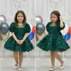 Kız Çocuk Zümrüt Yeşili Kısa Kol Gül Detaylı Kabarık Elbise Abiye Gelinlik