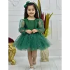 Kız Çocuk Zümrüt Yeşili İncili Uzun Şeffaf Kol Kabarık Elbise