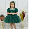 Kız Çocuk Zümrüt Yeşili Kabarık Gül Desenli Tül Etek şeffaf Kısa Balon Kol Elbise