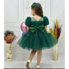 Kız Çocuk Zümrüt Yeşili Kabarık Gül Desenli Tül Etek şeffaf Kısa Balon Kol Elbise