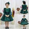 Kız Çocuk Zümrüt Yeşili Payet Kabarık Uzun Kol Omuz Tül Detaylı Elbise