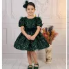 Kız Çocuk Zümrüt Yeşili Payetli Kısa Balon Kol Kabarık Elbise