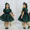 Kız Çocuk Zümrüt Yeşili Payetli Kısa Balon Kol Kabarık Elbise