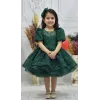 Kız Çocuk Zümrüt Yeşili Simli Parıltılı Kısa Kol Kabarık Elbise