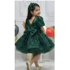 Kız Çocuk Zümrüt Yeşili Simli Parıltılı Kısa Kol Kabarık Elbise