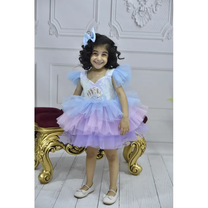 Lila Deniz Konsepti Tütülü Deniz Kabuğu Figür İşlemeli Çift Omuz Kabarık Gelinlik Elbise