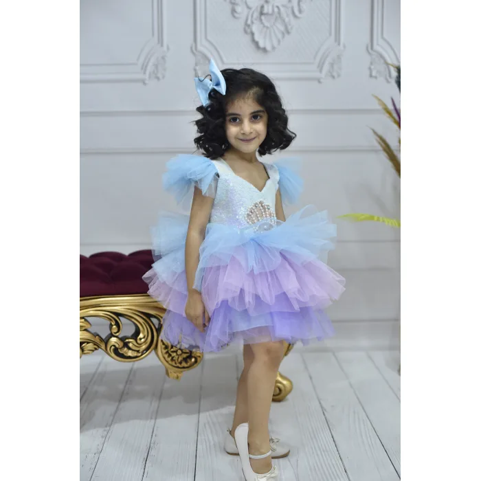 Lila Deniz Konsepti Tütülü Deniz Kabuğu Figür İşlemeli Çift Omuz Kabarık Gelinlik Elbise